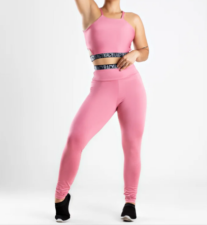Conjunto Fitness calça legging cintura alta + cropped alcinha rose com elásticos