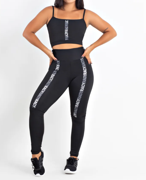 Conjunto Fitness calça legging cintura alta + cropped preto com elásticos