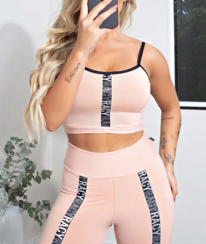 Conjunto Fitness calça legging cintura alta + cropped rose com elásticos
