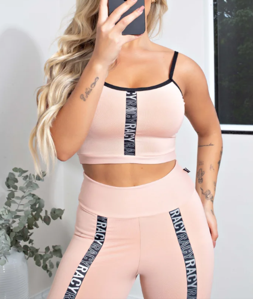 Conjunto Fitness calça legging cintura alta + cropped rose com elásticos