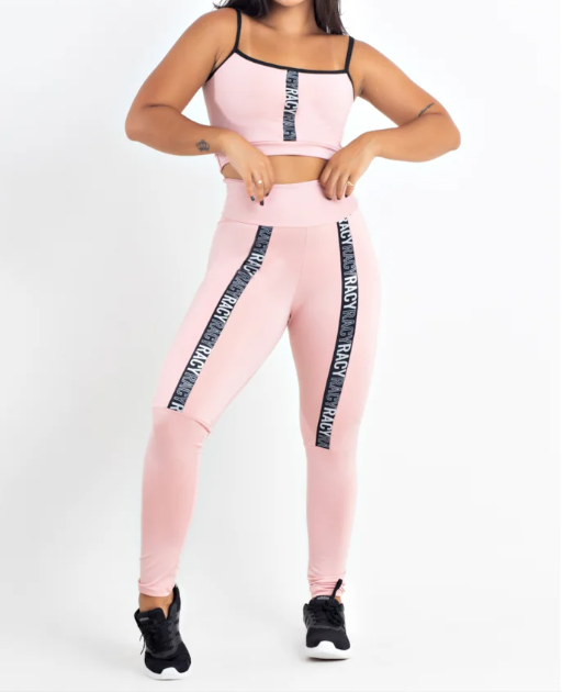 Conjunto Fitness calça legging cintura alta + cropped rose com elásticos
