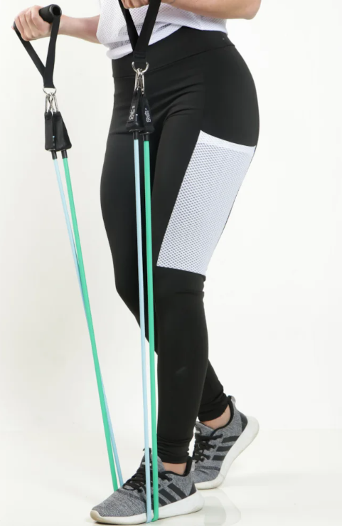 Calça legging cintura alta preta elástico e tela branca