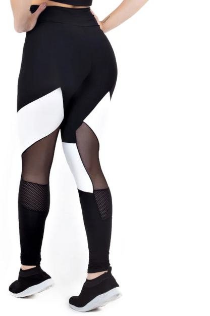 Calça legging cintura alta com detalhe em Tulê preto com branco