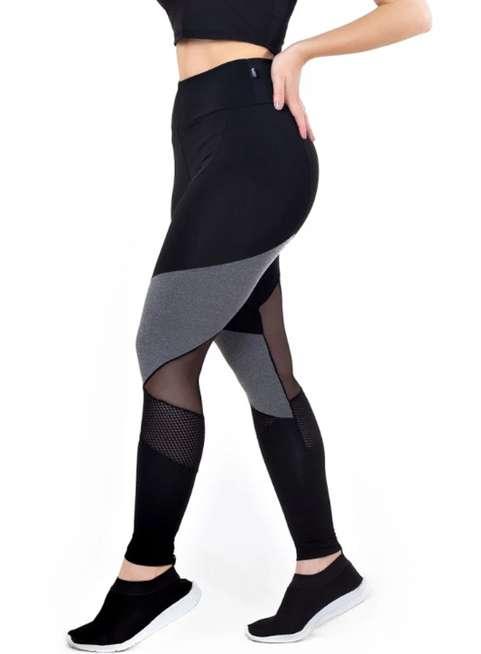 Calça legging cintura alta com detalhe em Tulê preto com cinza