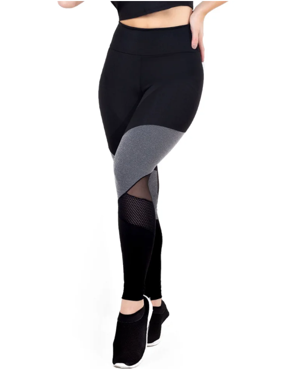 Calça legging cintura alta com detalhe em Tulê preto com cinza
