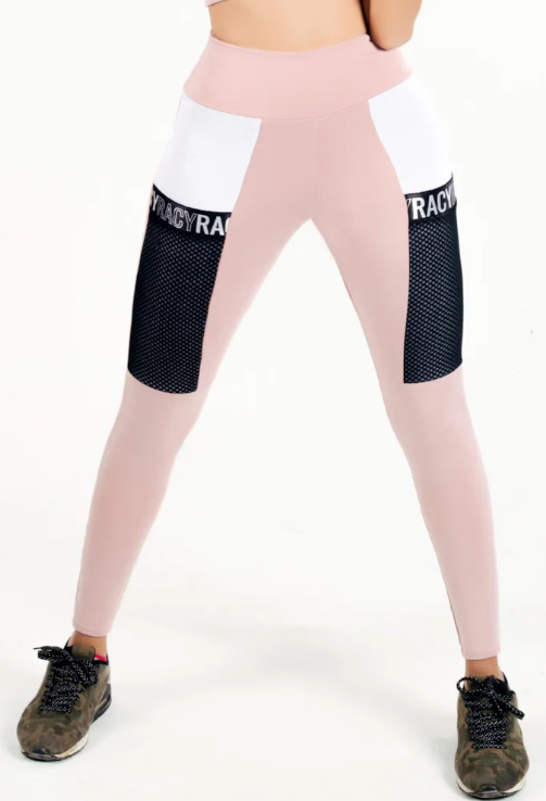 Calça legging cintura alta rose com bolso e elástico