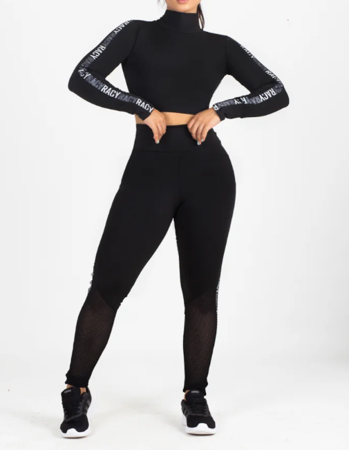 Conjunto calça legging com elástico tela Dry + cropped manga longa gola alta