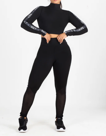 Conjunto calça legging com elástico tela Dry + cropped manga longa gola alta