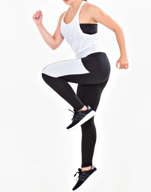 Conjunto calça legging com bolso em tela Dry + regata de tela + top tomara que caia preto com branco
