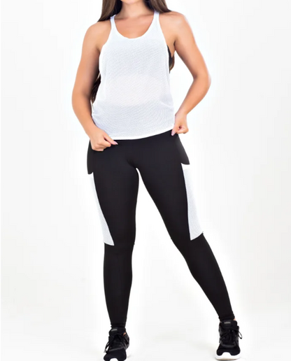 Conjunto calça legging com bolso em tela Dry + regata de tela + top tomara que caia preto com branco