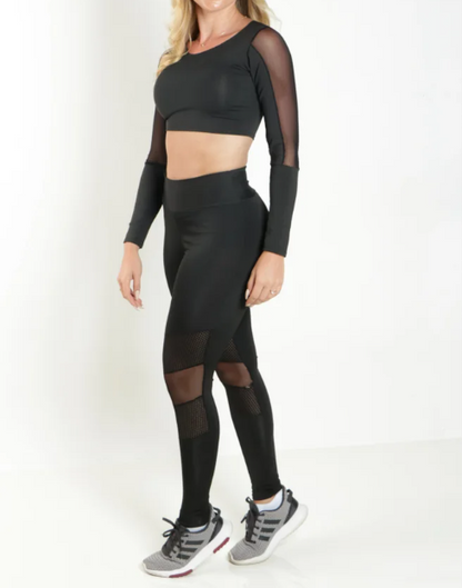 Conjunto calça legging com tela e Tule + cropped manga longa preto
