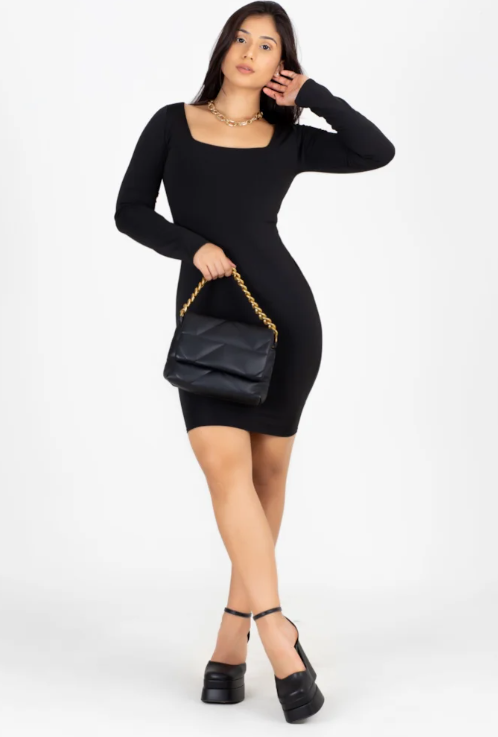 Vestido curto tubinho manga longa - Preto