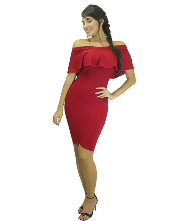 Vestido curto tubinho ombro a ombro com babado