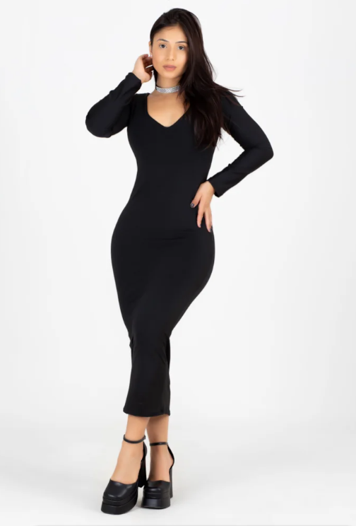 Vestido Midi manga longa com decote - Preto