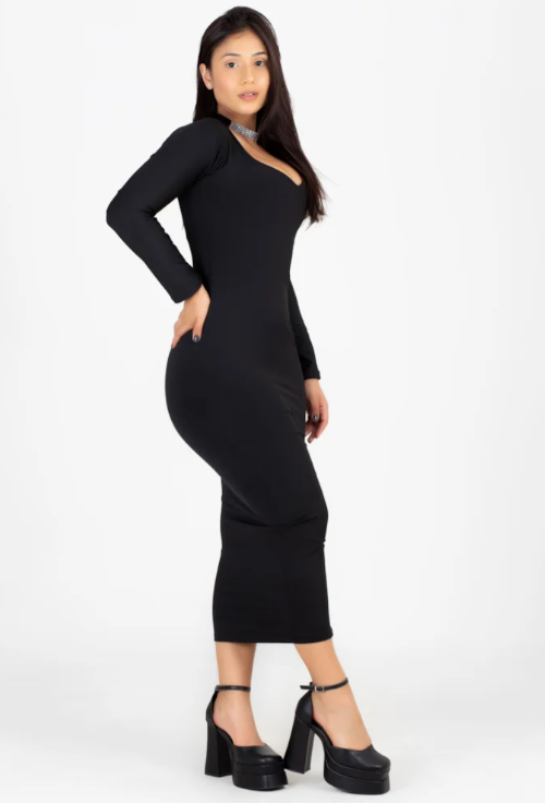 Vestido Midi manga longa com decote - Preto