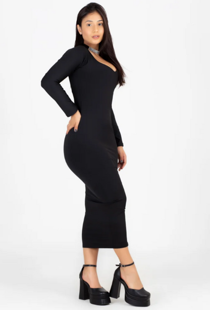 Vestido Midi manga longa com decote - Preto