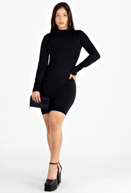 Vestido manga longa e gola alta tubinho - Preto