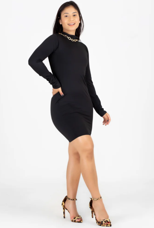 Vestido manga longa e gola alta tubinho - Preto