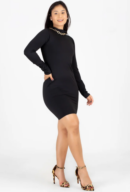 Vestido manga longa e gola alta tubinho - Preto
