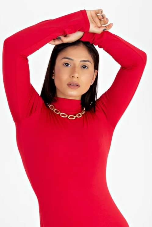 Vestido manga longa e gola alta tubinho - Vermelho