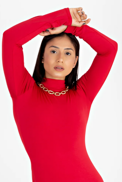 Vestido manga longa e gola alta tubinho - Vermelho