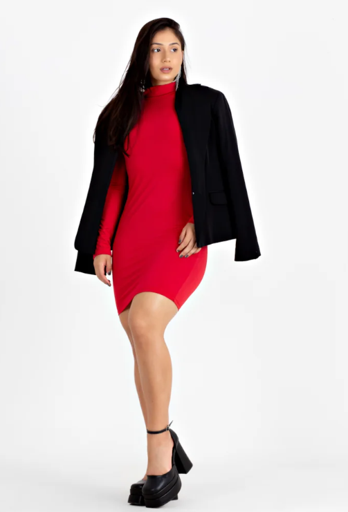 Vestido manga longa e gola alta tubinho - Vermelho