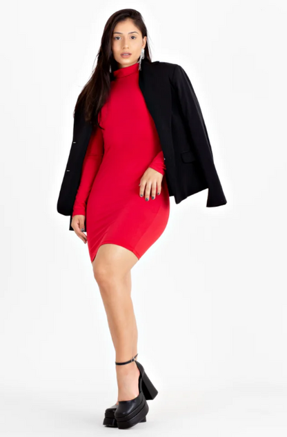 Vestido manga longa e gola alta tubinho - Vermelho