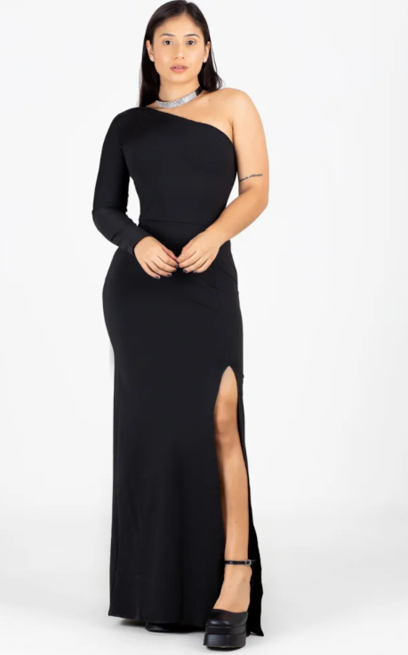 Vestido longo tubinho com fenda uma manga - Preto