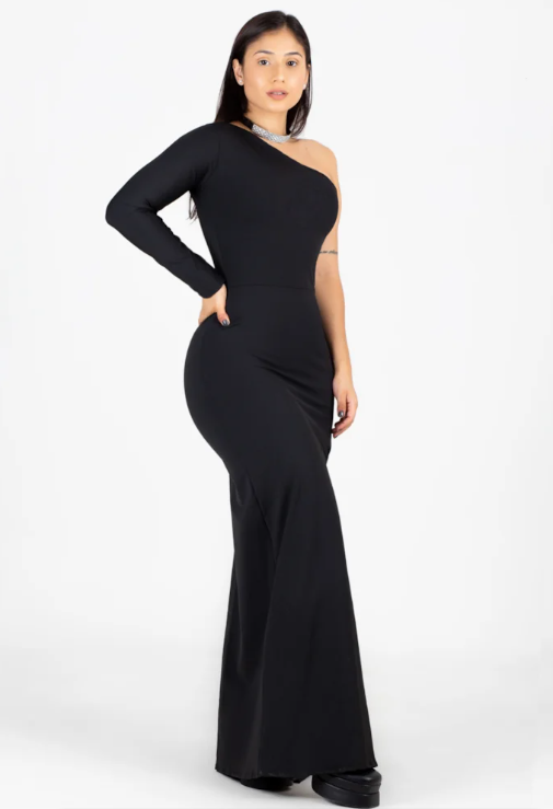 Vestido longo tubinho com fenda uma manga - Preto