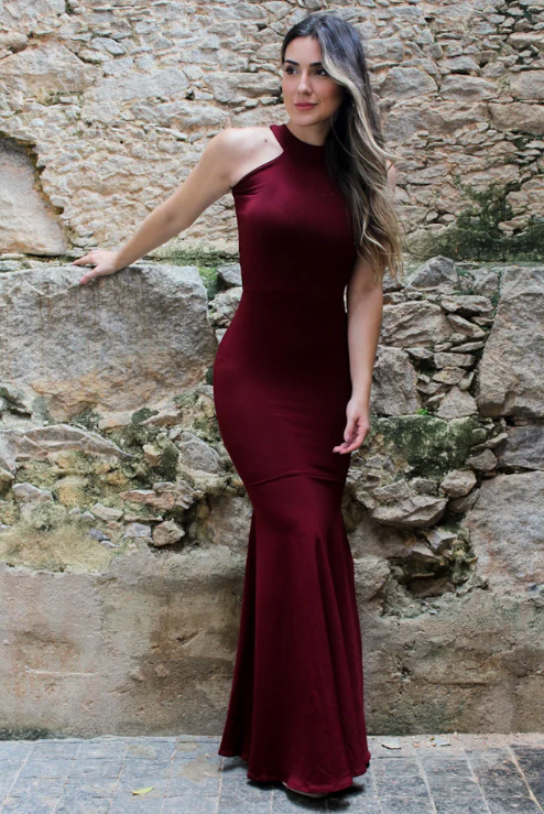 Vestido longo com detalhe no pescoço - Costa Aberta