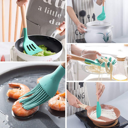 Kit 12 Peças - Utensílios de silicone e madeira - Premium
