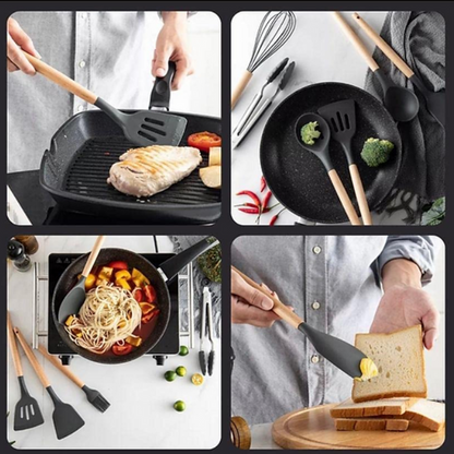 Kit 12 Peças - Utensílios de silicone e madeira - Premium