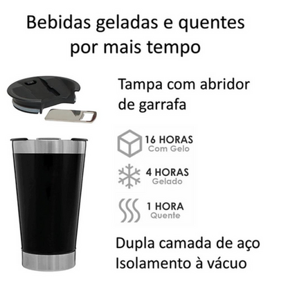 Copo térmico 502ml c/ abridor e tampa Inox - Bebidas geladas e quentes