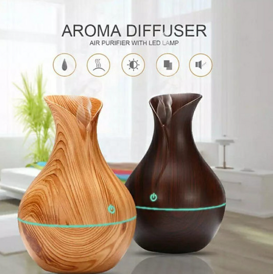 Umidificador - Vaso na cor madeira (Aromatizador ultrassônico, usb e Led colorido)