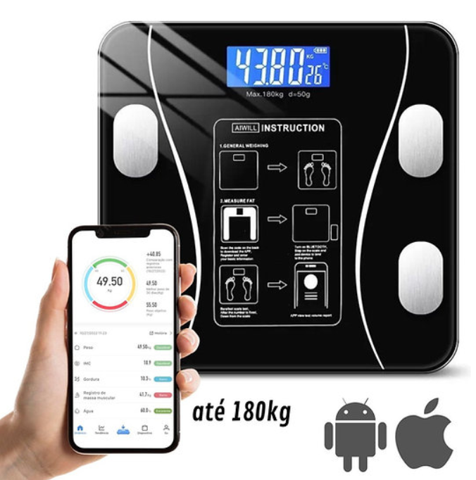 Balança corporal até 180kg (Bioimpedancia digital Bluetooth)