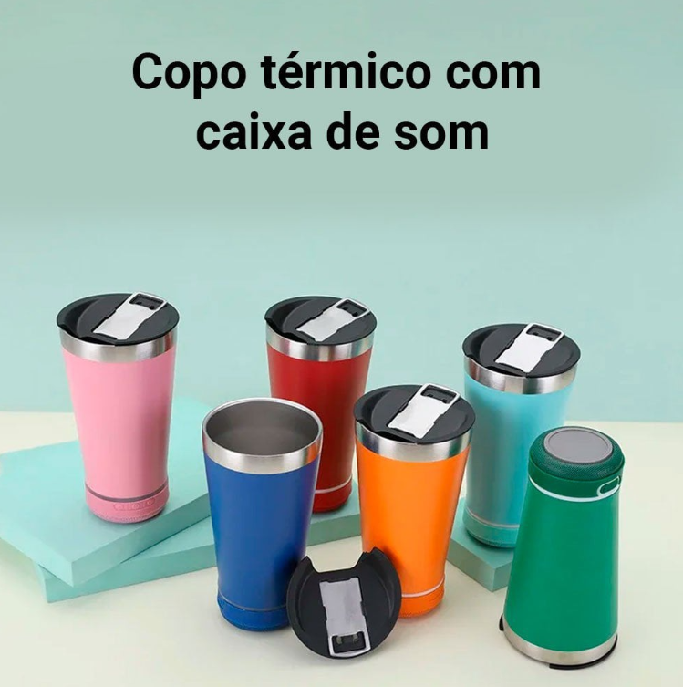 Copo térmico 470ml COM CAIXA DE SOM - Bluetooth com Luz