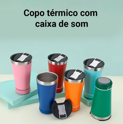 Copo térmico 470ml COM CAIXA DE SOM - Bluetooth com Luz
