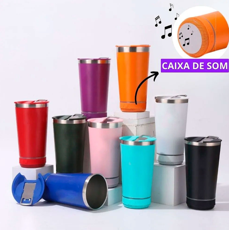 Copo térmico 470ml COM CAIXA DE SOM - Bluetooth com Luz