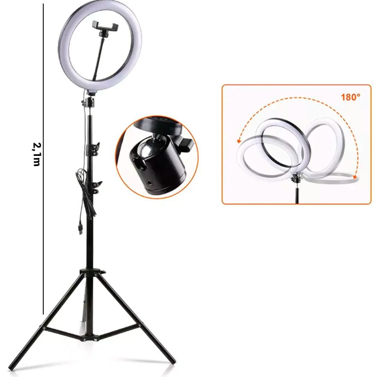 Tripé de luz 2,1m - Ring Light de Led 10 polegadas 26cm - Profissional