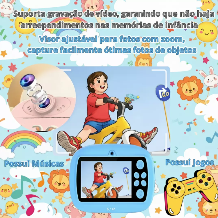 Câmera Infantil que Imprime Foto Instantânea - Filmadora HD - Azul e Rosa