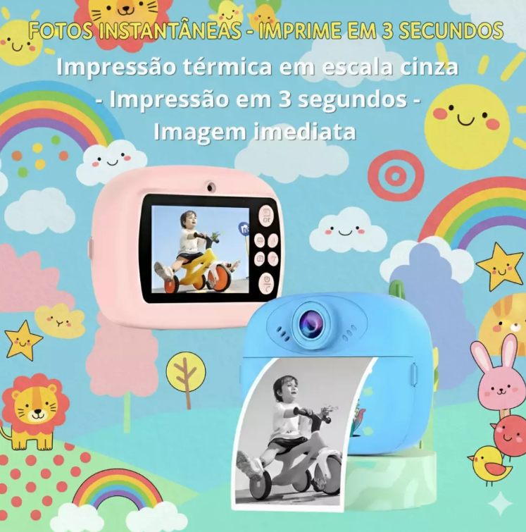 Câmera Infantil que Imprime Foto Instantânea - Filmadora HD - Azul e Rosa
