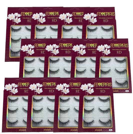 Cílios Postiços 8D F004 com 03 Pares Femme Paris FM1022 - Box c/ 12 unid