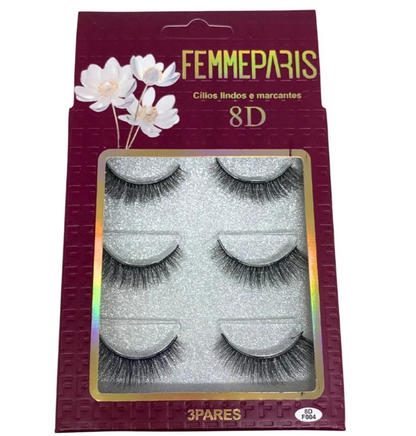 Cílios Postiços 8D F004 com 03 Pares Femme Paris FM1022 - Box c/ 12 unid