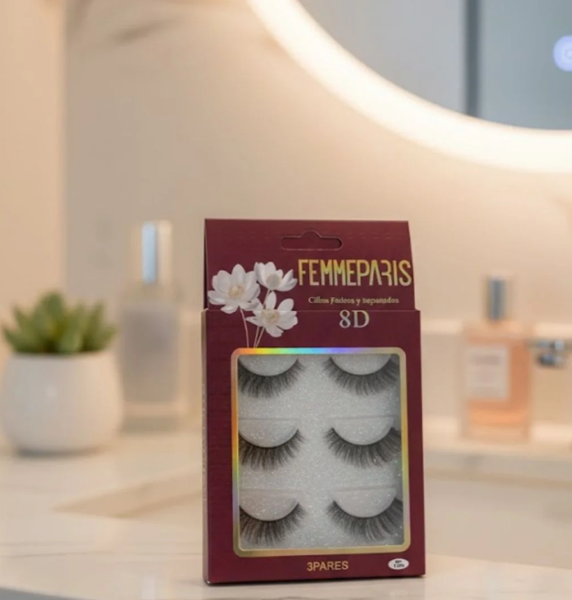 Cílios Postiços 8D F004 com 03 Pares Femme Paris FM1022 - Box c/ 12 unid