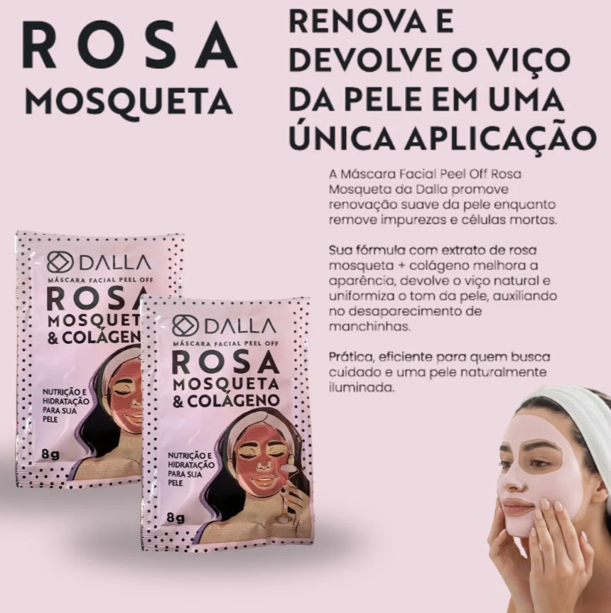 Máscara Facial Rosa Mosqueta & Colágeno Peel Off Dalla DL1005 - Kit c/ 10 unid