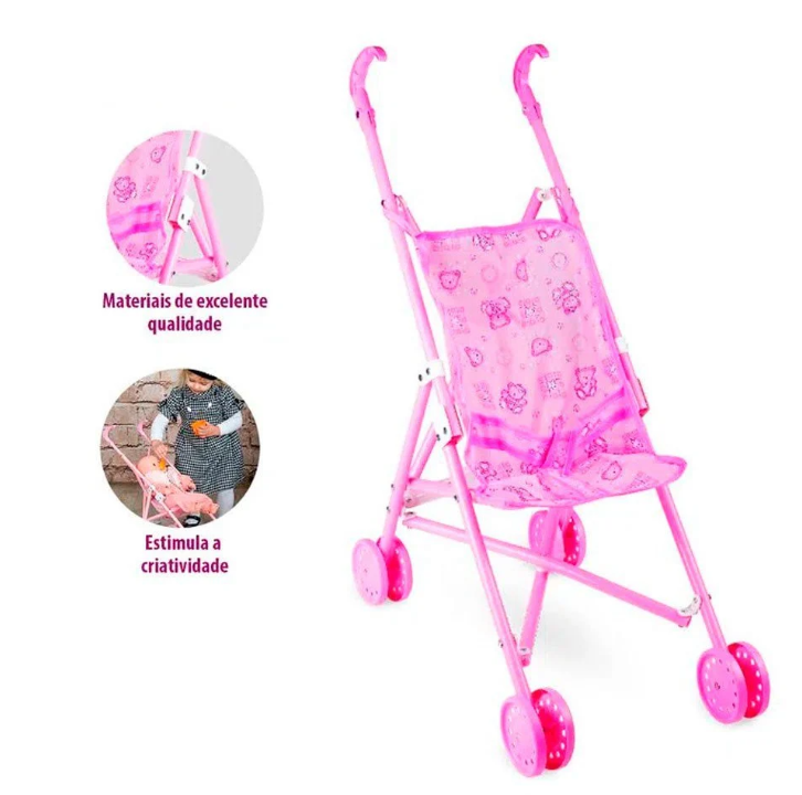 Carrinho de Boneca Bebê e Dobrável de Passeio Infantil