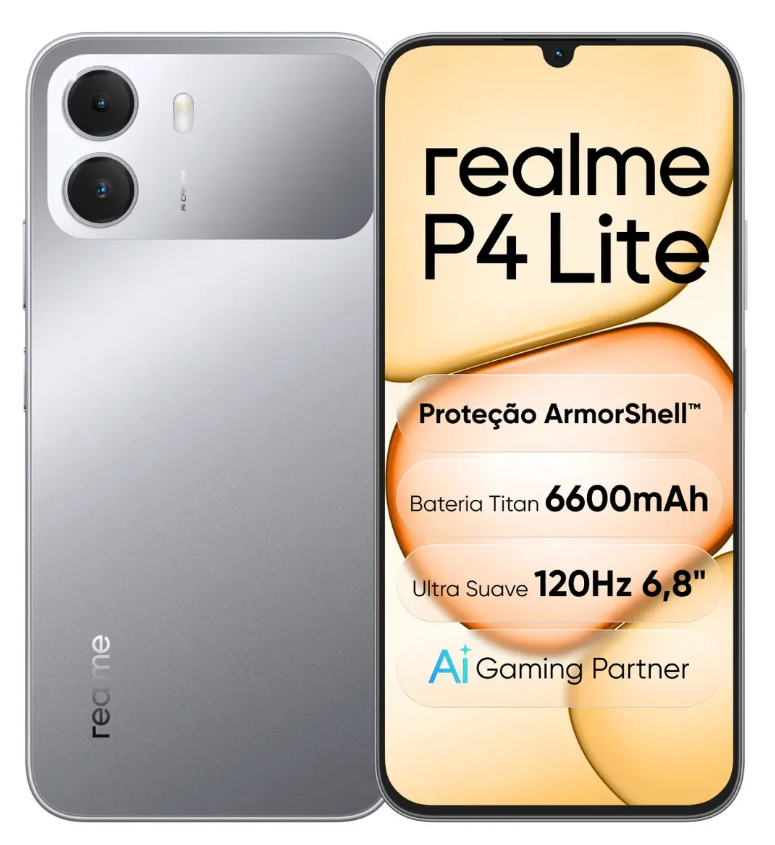 Smartphone Celular Realme P4 Lite 256GB, 4GB RAM, Tela 6,67 polegadas AMOLED 120 Hz - Cinza e Roxo