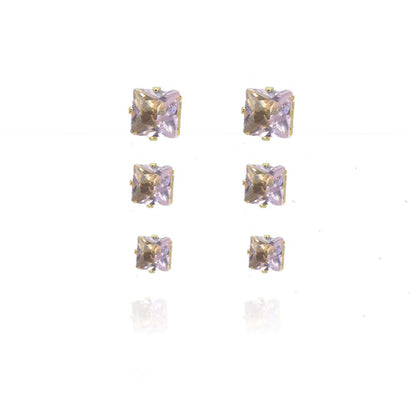 Trio Quadrado de Zircônia Rosa Claro Banhado em Ouro 18k