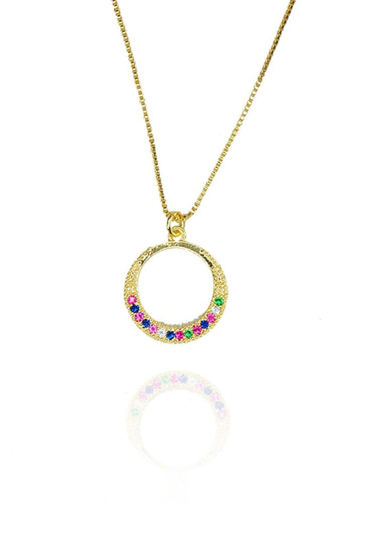 Colar de Circulo com Metade em Zircônia Colorida Banhado em Ouro 18k