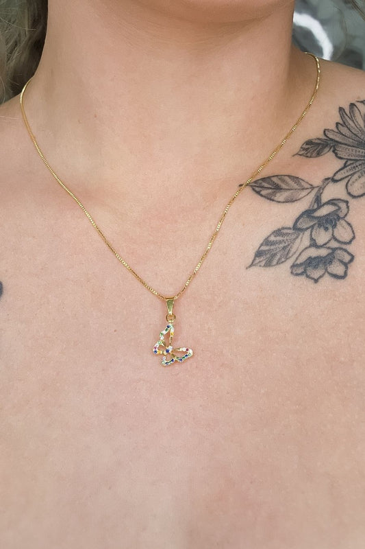 Colar Pingente Borboleta com Zircônia Colorida Banhado em Ouro 18k